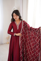 Lorenvalley Fashion Maroon Vichitra Silk with Full Kali Pattern Embroidery work Anarkali Gown with Dupatta | Grocsy