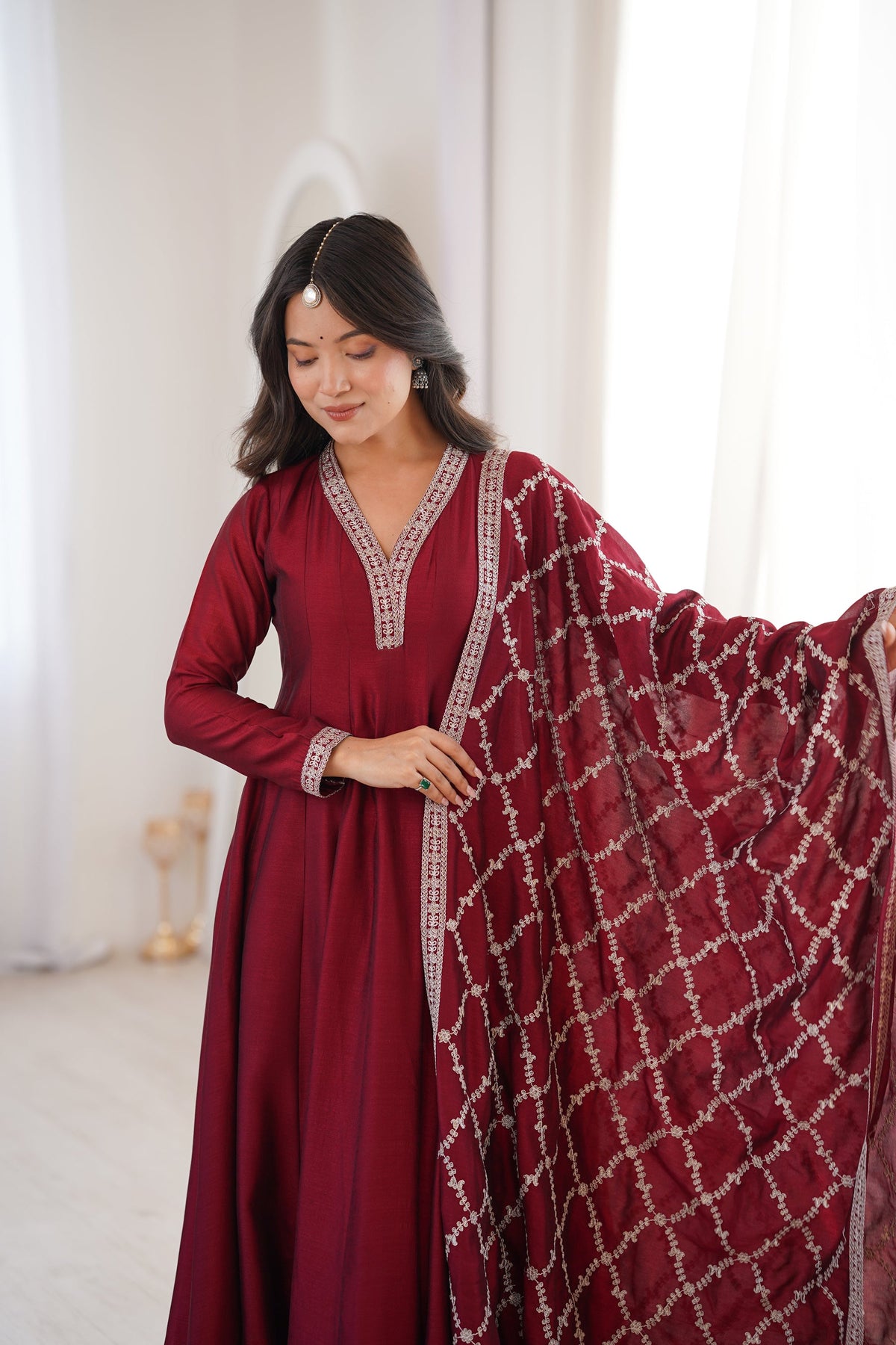 Lorenvalley Fashion Maroon Vichitra Silk with Full Kali Pattern Embroidery work Anarkali Gown with Dupatta | Grocsy