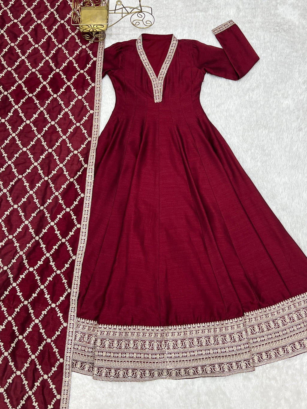 Lorenvalley Fashion Maroon Vichitra Silk with Full Kali Pattern Embroidery work Anarkali Gown with Dupatta | Grocsy