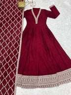 Lorenvalley Fashion Maroon Vichitra Silk with Full Kali Pattern Embroidery work Anarkali Gown with Dupatta | Grocsy