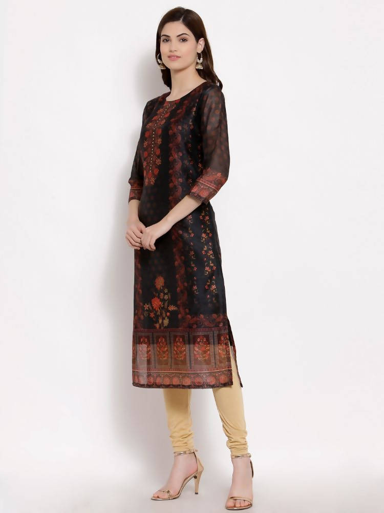 Myshka Women's Multi Chanderi Silk 3/4 Sleeve Round Neck Printed Casual kurta | Grocsy