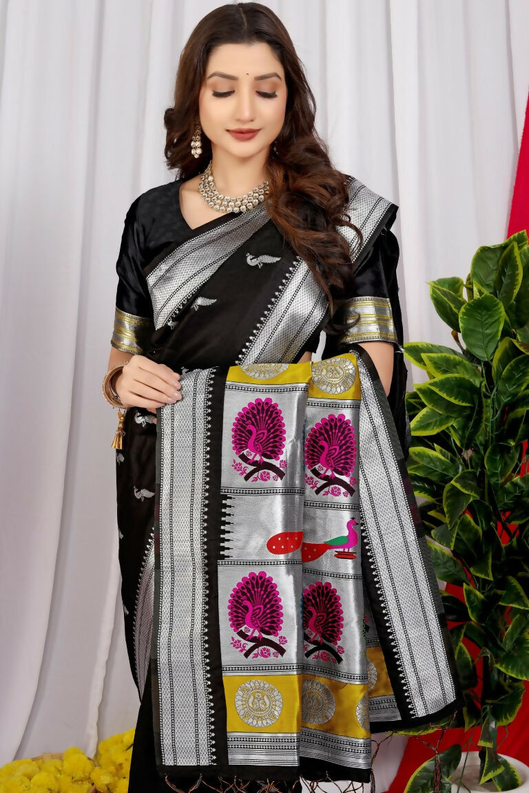 Jyoti Fashion Women's Black Paithani Silk Zari Woven Saree with Blouse | Grocsy