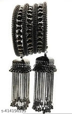 Tehzeeb Creations Women's Black Oxidised Spiral Bangle With Jhumki Style | Grocsy