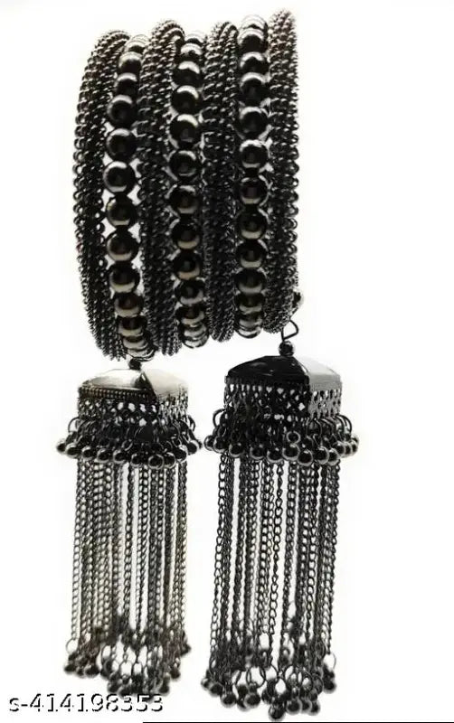 Tehzeeb Creations Women's Black Oxidised Spiral Bangle With Jhumki Style | Grocsy