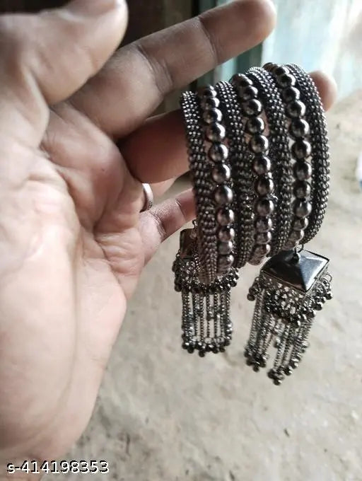 Tehzeeb Creations Women's Black Oxidised Spiral Bangle With Jhumki Style | Grocsy