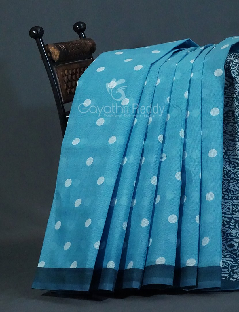 Shades of Sky Blue With Polka Print Munga Cotton Saree By Gayathri Reddy Designer Studio | Grocsy