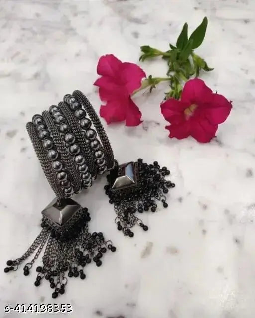 Tehzeeb Creations Women's Black Oxidised Spiral Bangle With Jhumki Style | Grocsy