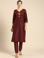 All About You Women Maroon Floral Yoke Design Regular Kurta with Trousers | Grocsy