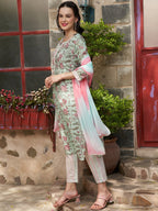 Sangria Printed Pure Cotton Straight Kurta With Trouser & Dupatta | Grocsy