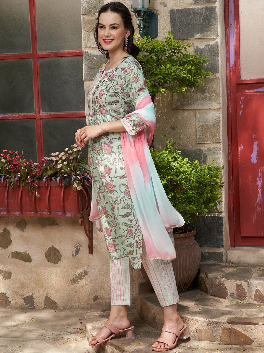 Sangria Printed Pure Cotton Straight Kurta With Trouser & Dupatta | Grocsy