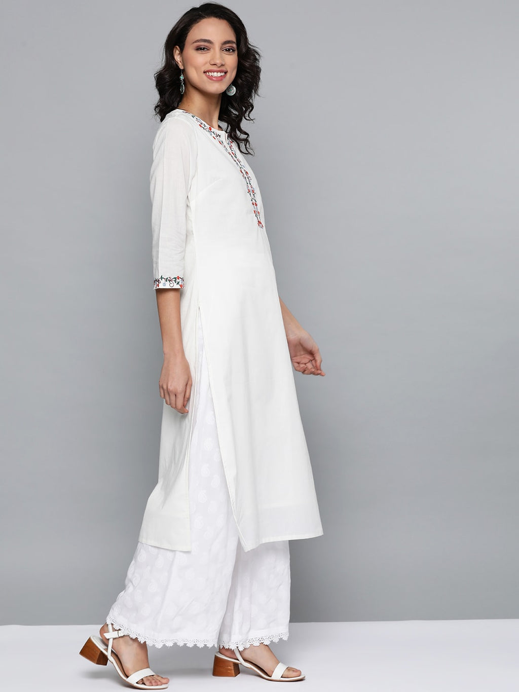 HERE&NOW Women White Cotton Straight Thread Work Kurta | Grocsy