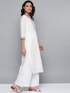HERE&NOW Women White Cotton Straight Thread Work Kurta | Grocsy