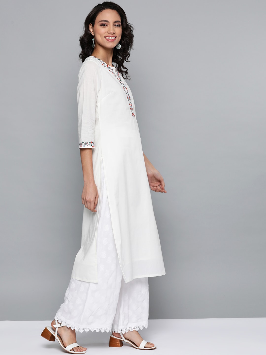 HERE&NOW Women White Cotton Straight Thread Work Kurta | Grocsy