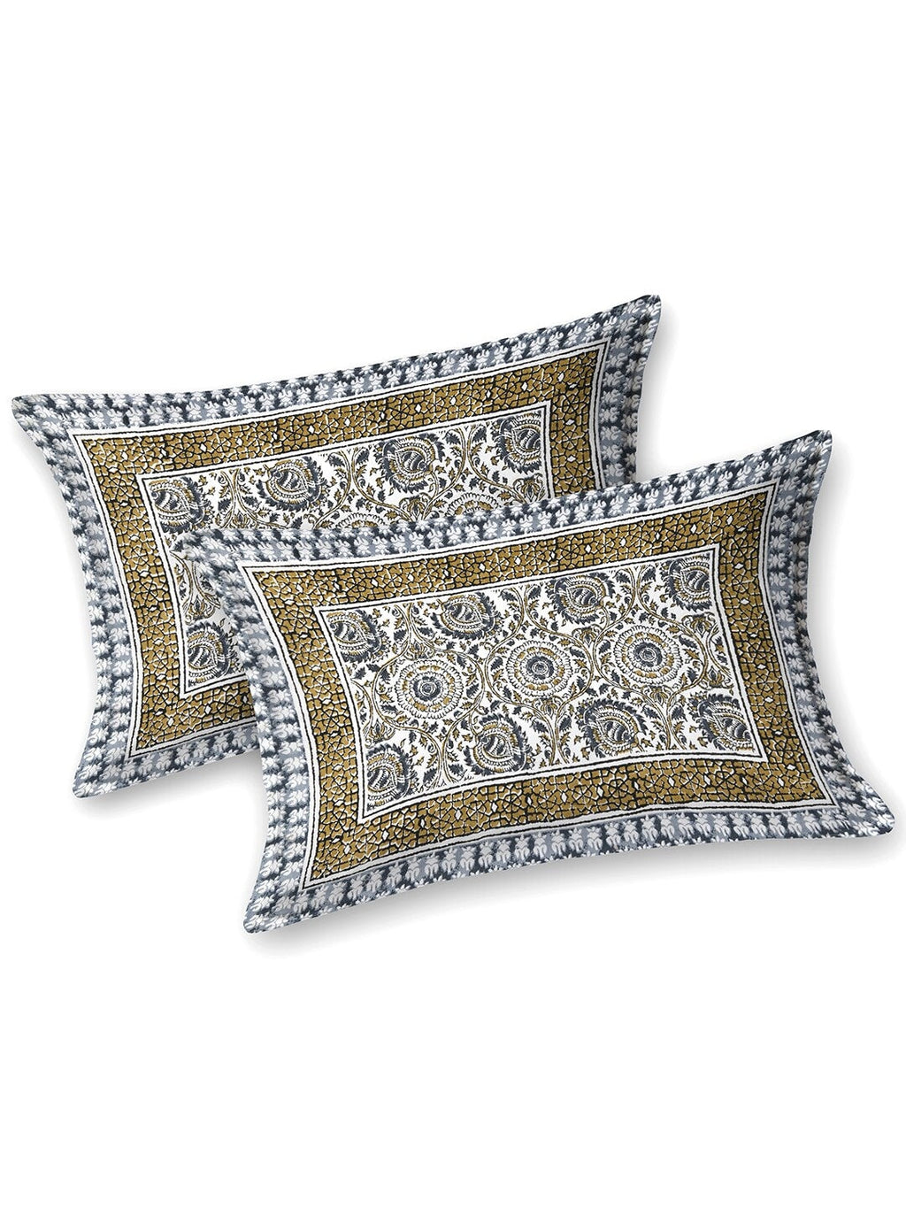 BELLA CASA Ethic White & Blue Printed Cotton 180 TC King Bedsheet with 2 Pillow Covers | Grocsy