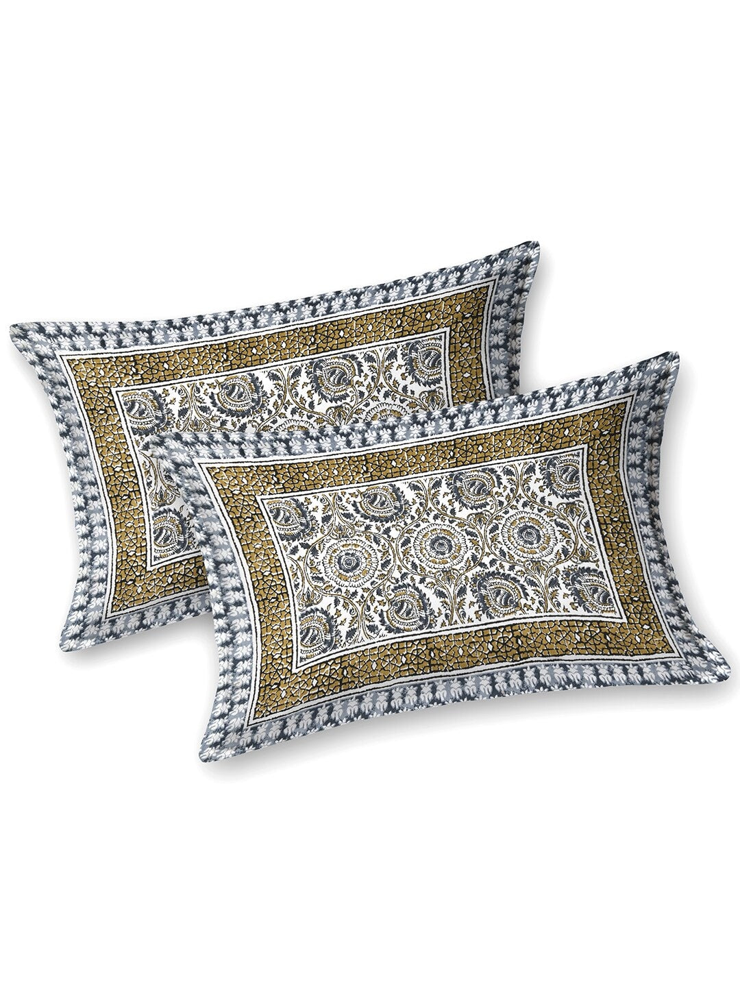 BELLA CASA Ethic White & Blue Printed Cotton 180 TC King Bedsheet with 2 Pillow Covers | Grocsy