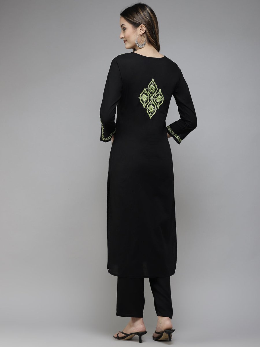ADA Women Black & Green Ethnic Motifs Embroidered Chikankari Handloom Handloom Kurta | Grocsy