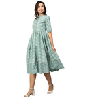 Green & Off-White Ethnic Motifs Printed Cotton A-Line Dress - Poonam | Grocsy