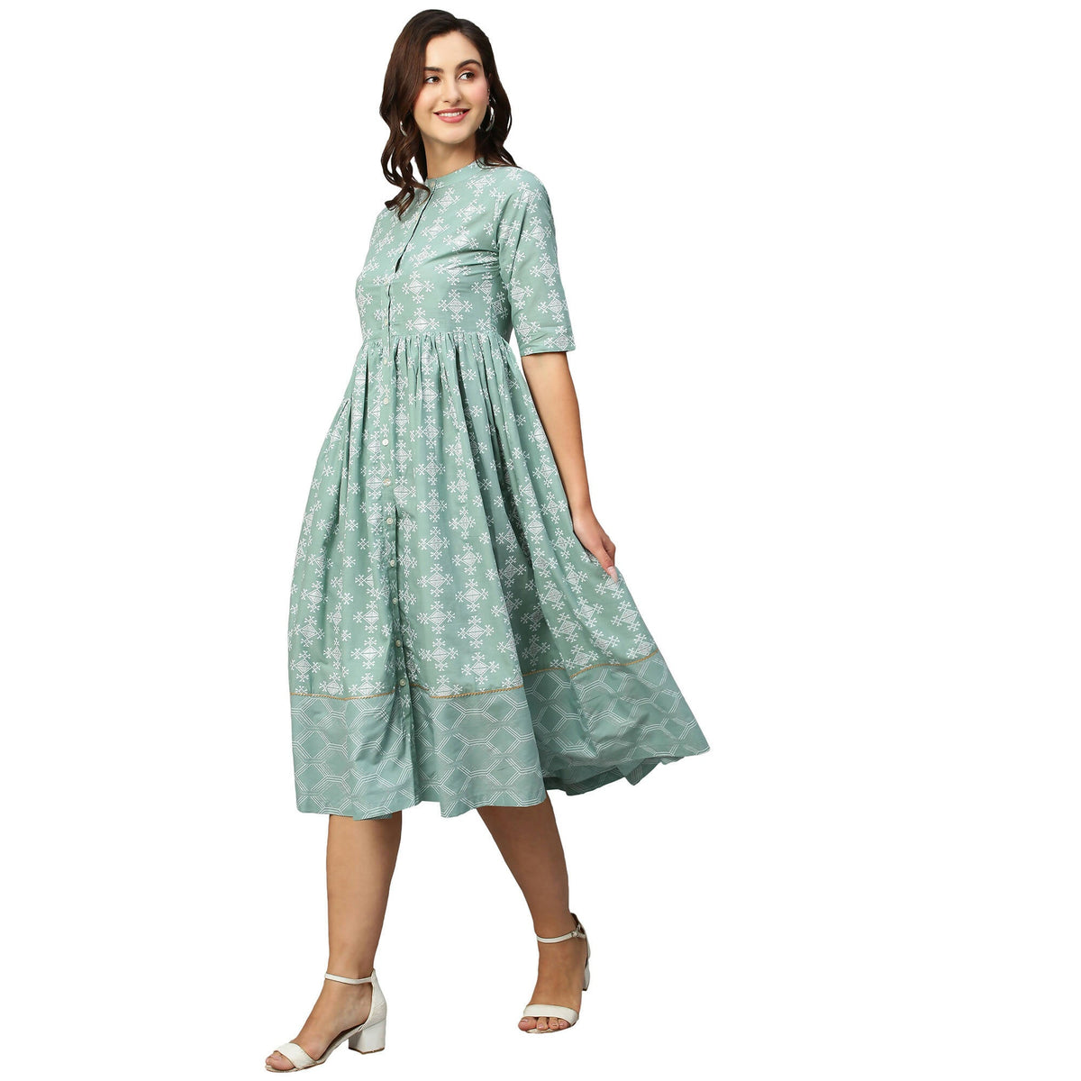 Green & Off-White Ethnic Motifs Printed Cotton A-Line Dress - Poonam | Grocsy