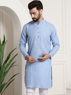 Sojanya Men Blue Dobby Self-Checked Straight Kurta | Grocsy