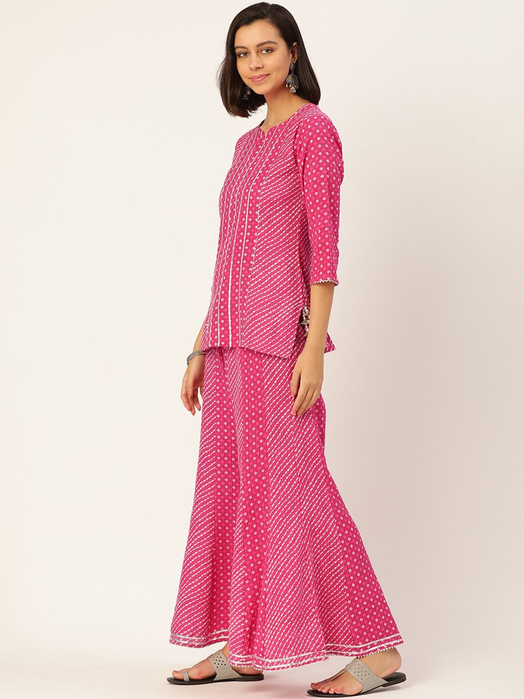 HERE&NOW Women Pink Leheriya Printed Pure Cotton Kurti With Palazzo And Dupatta | Grocsy