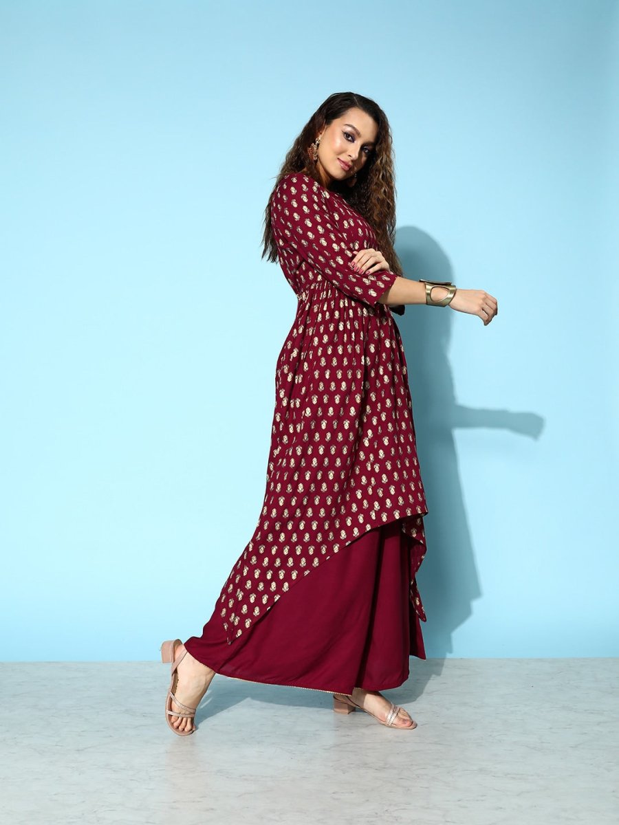 All About You Carmine Maroon Printed A-Line Veere Di Wedding Kurta with Palazzos | Grocsy