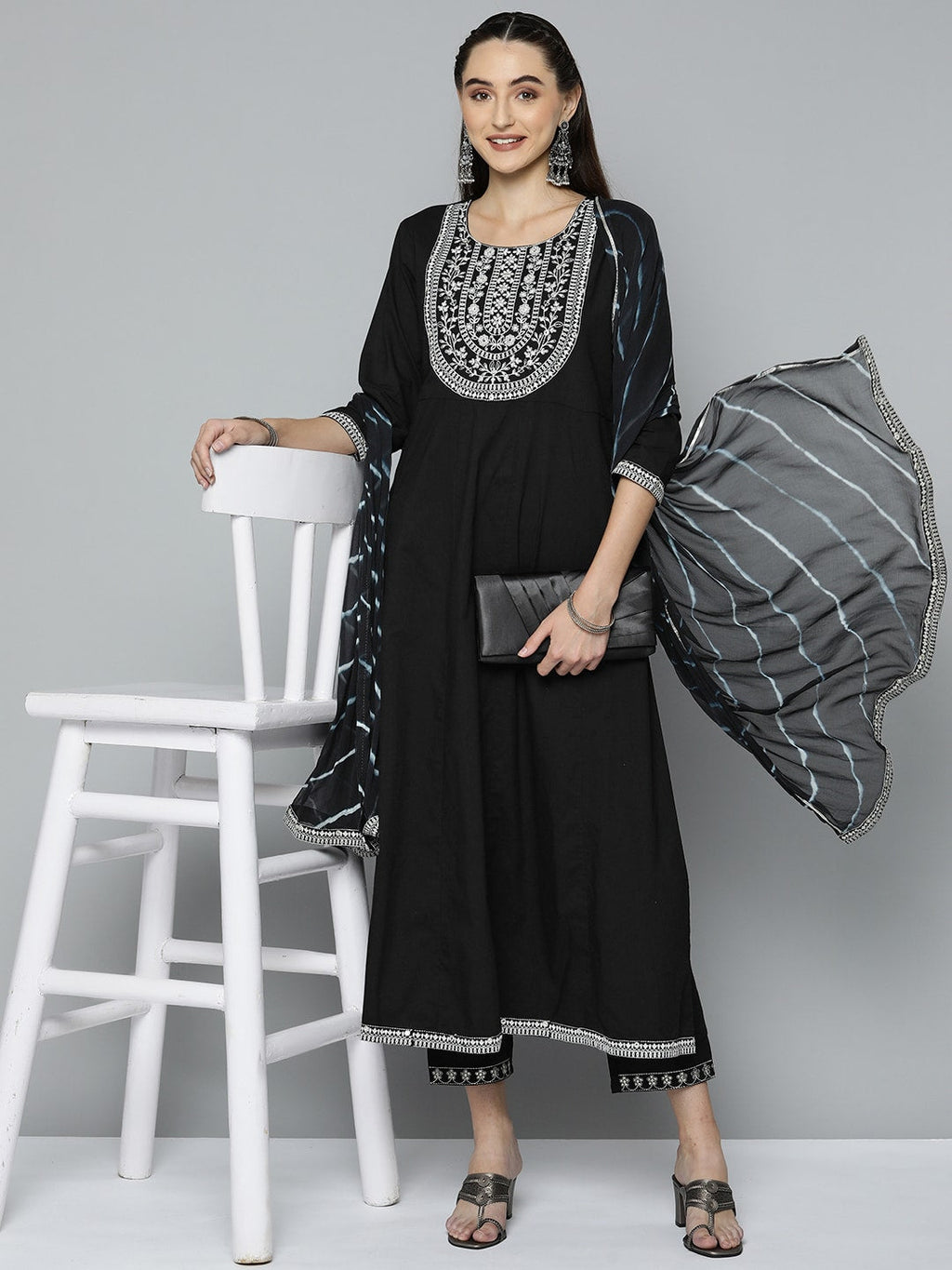 HERE&NOW Women Black Ethnic Motifs Embroidered Kurta with Trousers & With Dupatta | Grocsy