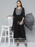 HERE&NOW Women Black Ethnic Motifs Embroidered Kurta with Trousers & With Dupatta | Grocsy