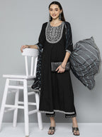 HERE&NOW Women Black Ethnic Motifs Embroidered Kurta with Trousers & With Dupatta | Grocsy