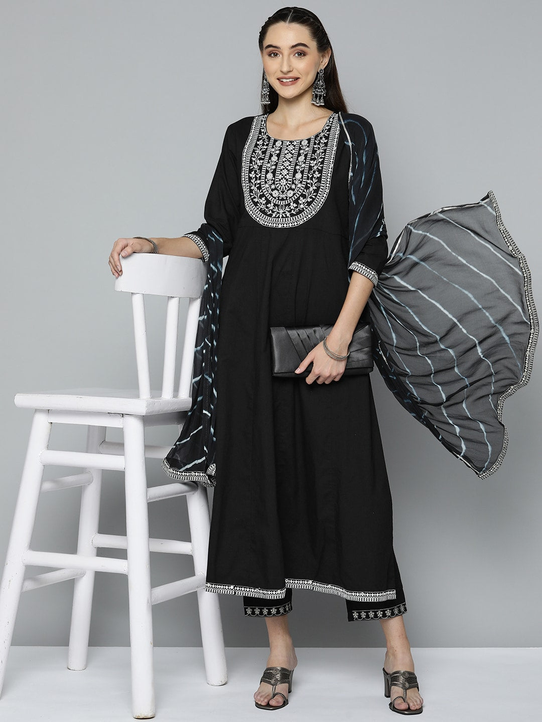 HERE&NOW Women Black Ethnic Motifs Embroidered Kurta with Trousers & With Dupatta | Grocsy
