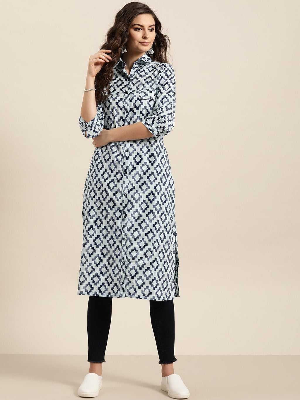Sangria Women Navy Blue & Grey Pure Cotton Geometric Printed Kurta | Grocsy