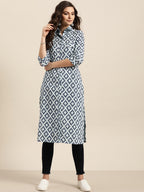 Sangria Women Navy Blue & Grey Pure Cotton Geometric Printed Kurta | Grocsy