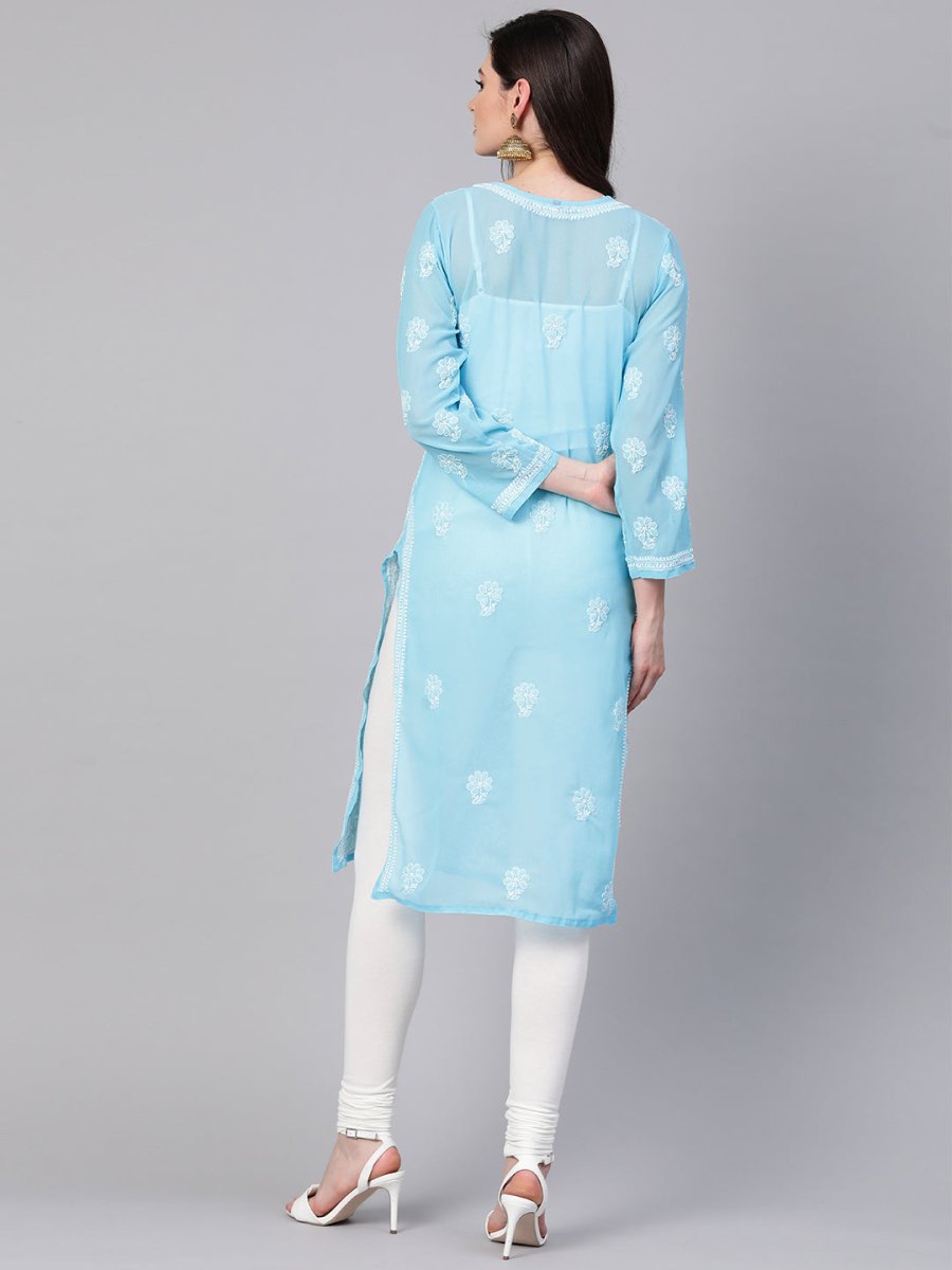 ADA Women Blue & White Chikankari Embroidered Sheer Straight Sustainable Handloom Kurta | Grocsy