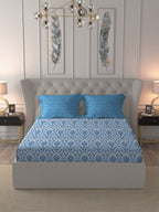 MYTRIDENT Blue White Ethnic Motifs Pure Cotton 120 TC Queen Bedsheet With 2 Pillow Covers | Grocsy