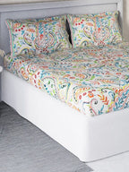 DDecor White & Turquoise Blue Motifs 140 TC Cotton Queen Bedsheet with 2 Pillow Covers | Grocsy