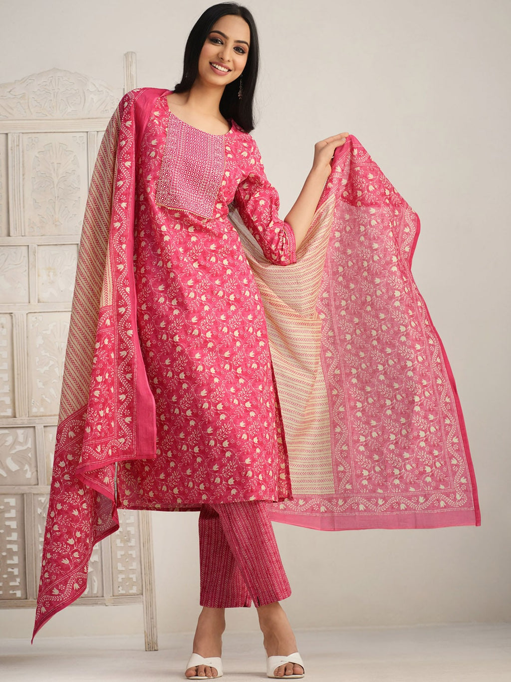 Sangria Red Floral Printed Gotta Patti Pure Cotton Kurta With Trouser & Dupatta | Grocsy