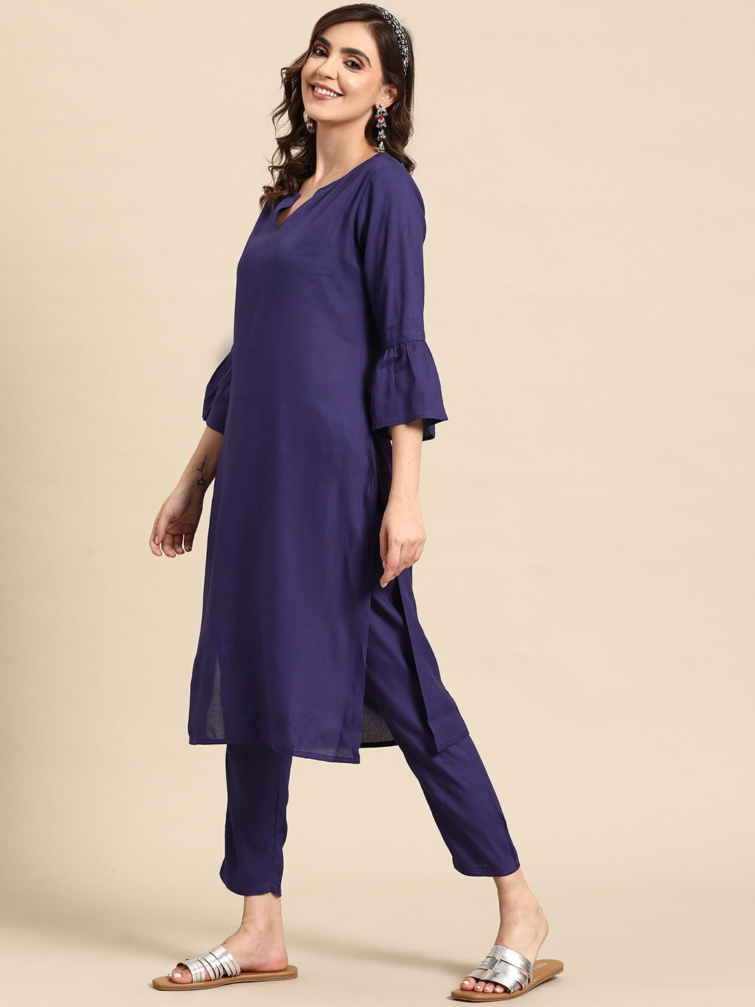 Sangria Bell Sleeves Solid Straight Kurta With Trousers | Grocsy