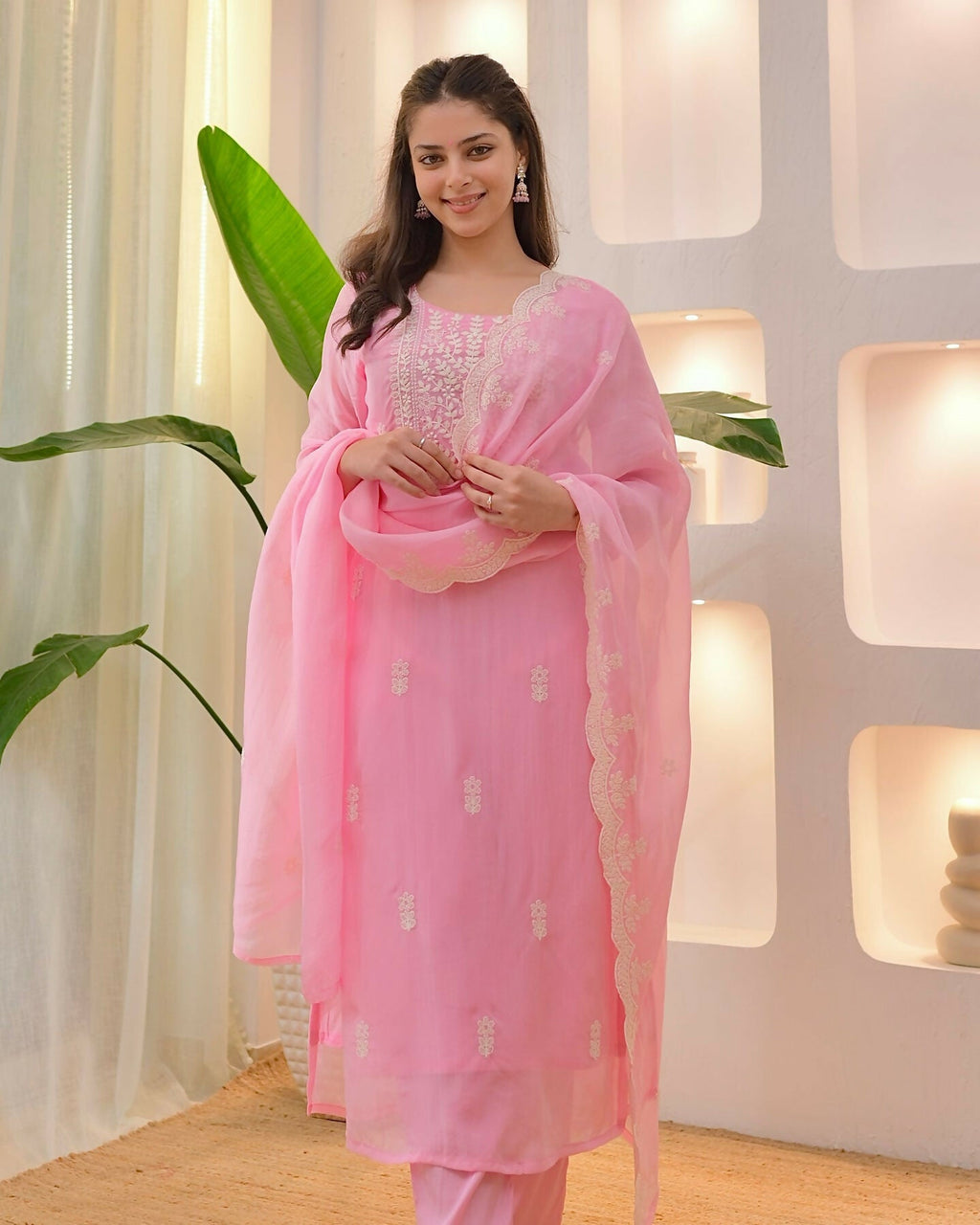 The52 Pink Women's Beautiful Chikankari Work Chanderi Fabric Straight Kurta Pant and Dupatta Set | Grocsy