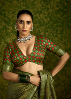 Joban Fashion Mehendi Green Velvet Tussar Silk with Foil Print Saree | Grocsy