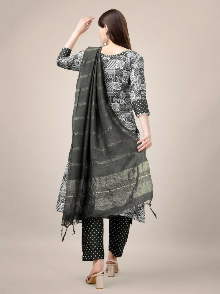 Jyoti Fashion Women's Black Rayon Print with Embroidery & Fancy Lace Work Kurta with Trouser & Dupatta | Grocsy