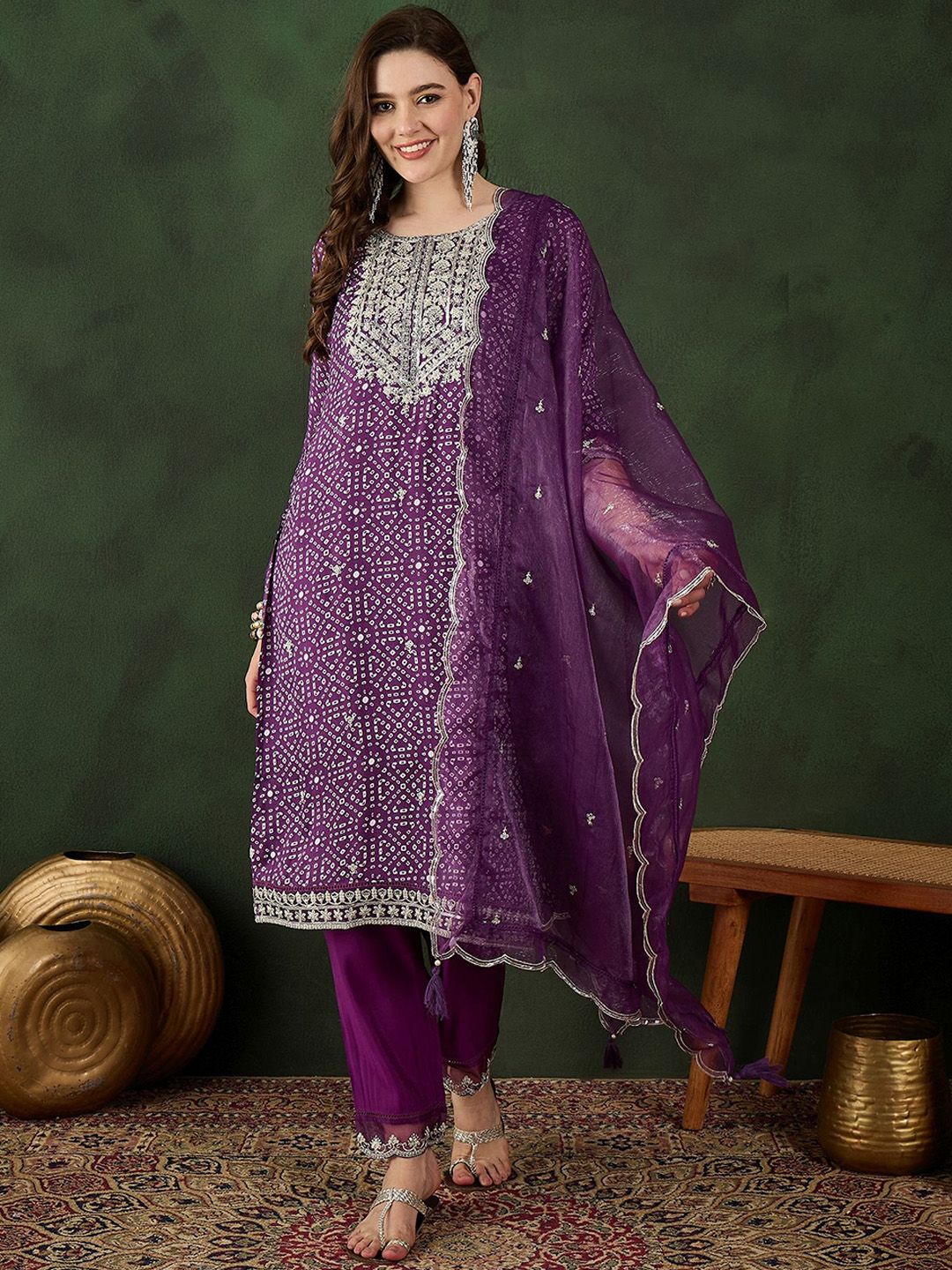 Sangria Bandhani Printed Straight Kurta, Trouser & Dupatta Set | Grocsy