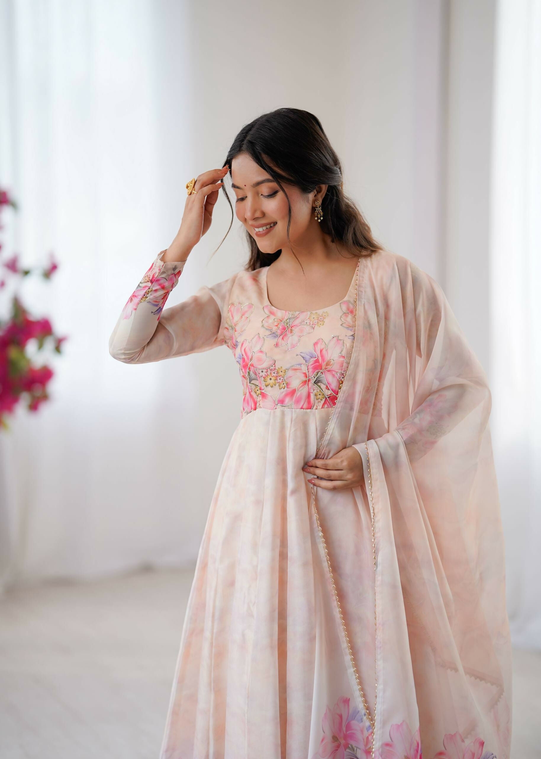 Teeya Creation Womens New Organza Soft Taby Silk Heavy Quality Fabric With Digital Print Baby-Pink Gown Set | Grocsy