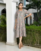 Vaasva Women's Grey Cotton Digital Printed Embroidered Placket Dress | Grocsy