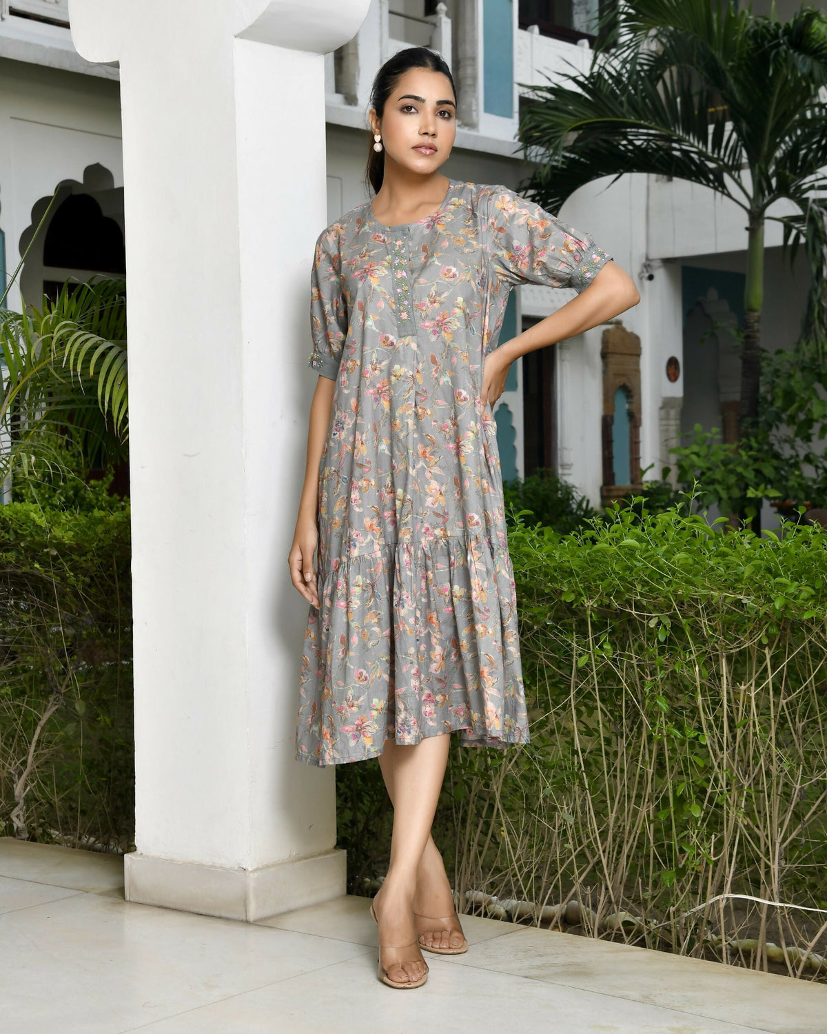 Vaasva Women's Grey Cotton Digital Printed Embroidered Placket Dress | Grocsy