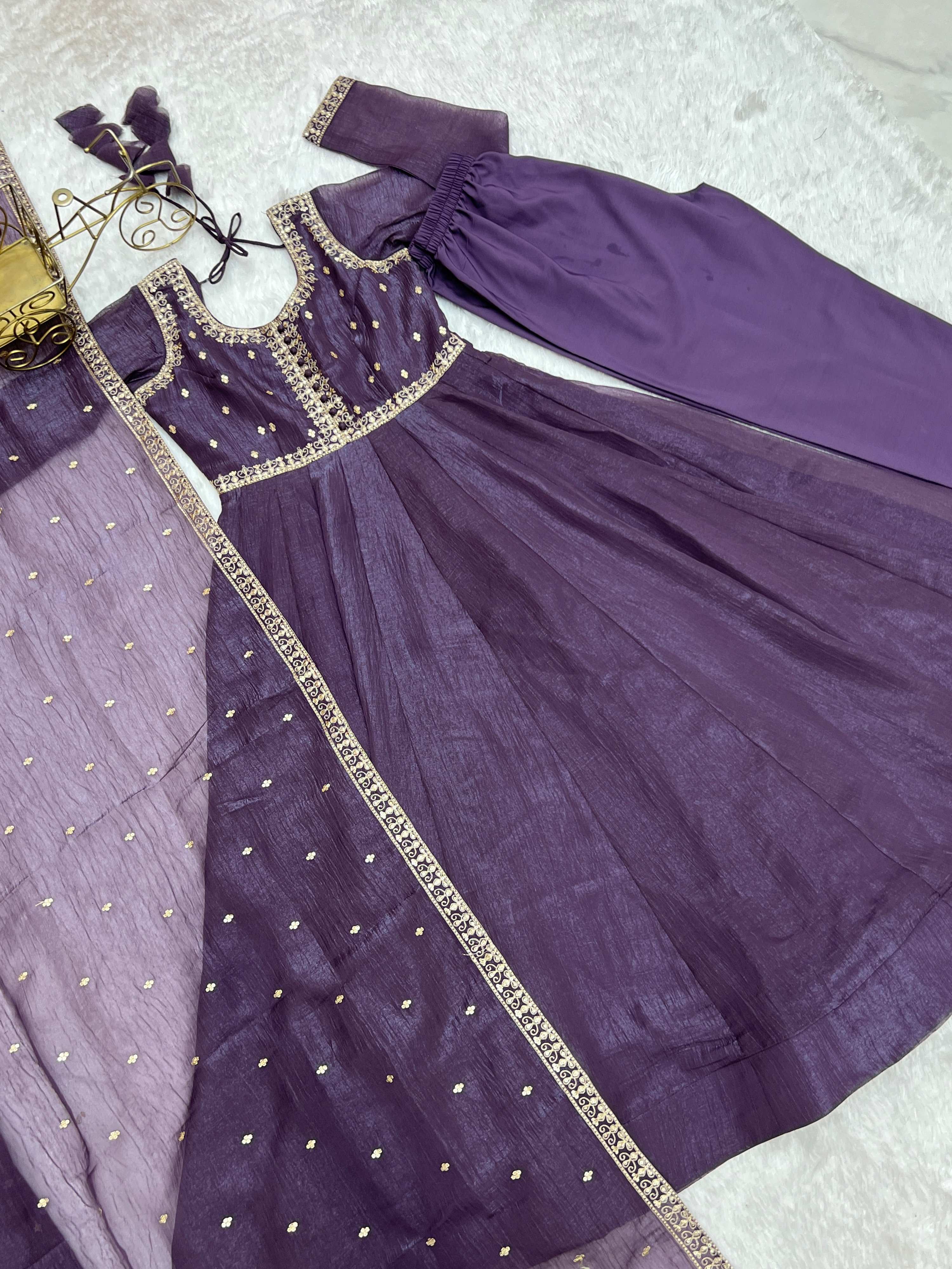 Evanik Lavender Crunchy Silk With Embroidered Zari Dori Work Anarkali Set | Grocsy