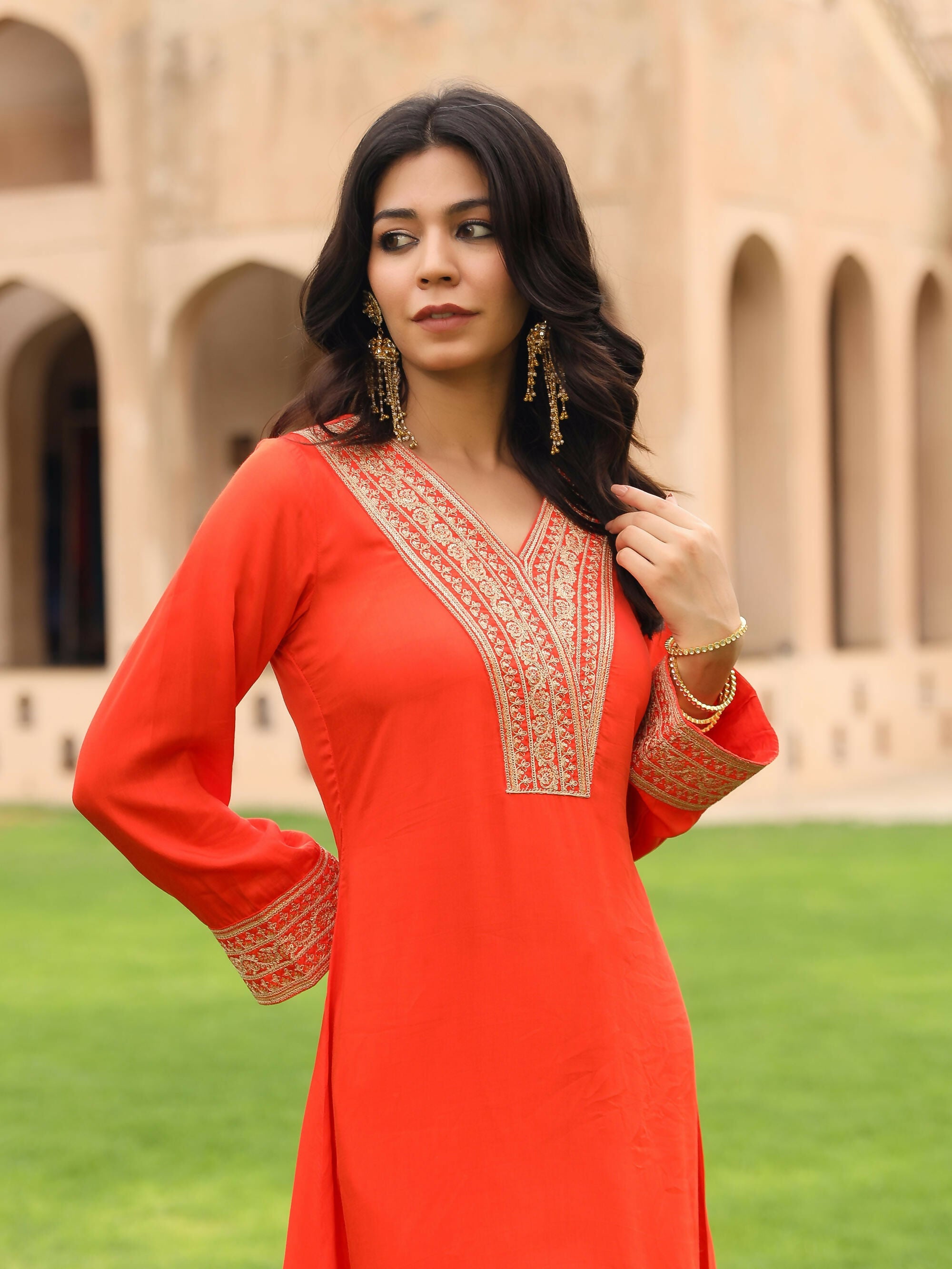 Juniper Women's The Swarna Coral Zari Embroidered Viscose Kurta & Pant Set With Sequins | Grocsy