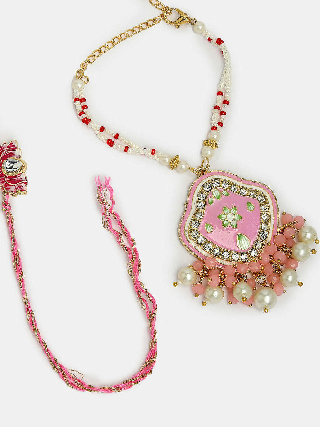 NVR Women & Men Set of 2 Pink Lotus Shape Kundan Stone-Studded & Beaded Bhaiya Bhabhi Rakhi With Roli Chawal & Chocolate | Grocsy
