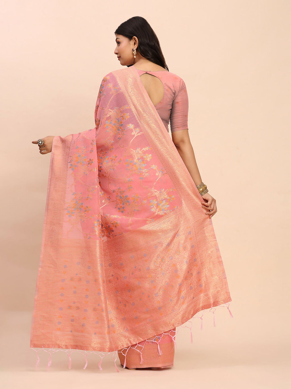 Shree Shyam Fashion Linen Cotton Peach Saree | Grocsy
