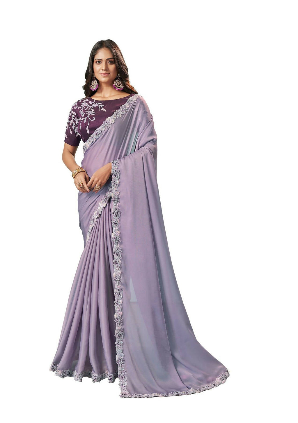 Violet Organza Silk Solid Saree With Unstitched Blouse Piece - Norita Ikshita | Grocsy