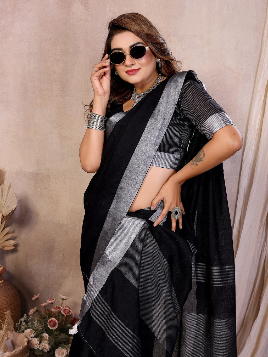 Anaita Black Weaving Linen Cotton Saree With Blouse | Grocsy