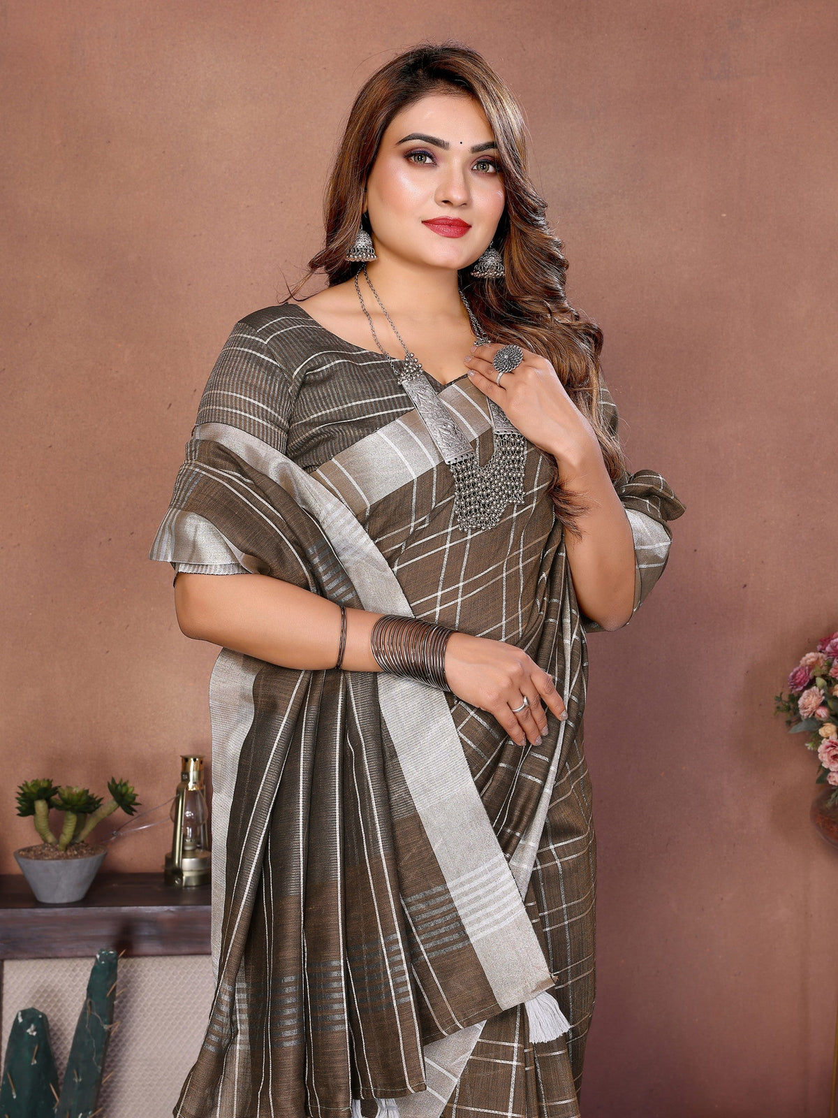 Anaita Chocolate Weaving Linen Cotton Saree With Blouse | Grocsy